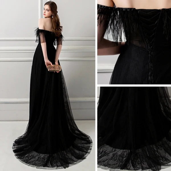 Amazing / Unique Black Evening Dresses  2018 A-Line / Princess Tassel Pearl Off-The-Shoulder Backless Short Sleeve Sweep Train Formal Dresses