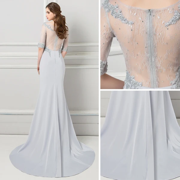 Modern / Fashion Grey Evening Dresses 2018 Trumpet / Mermaid Beading Lace Flower Pearl Rhinestone Scoop Neck 1/2 Sleeves Sweep Train Formal Dresses