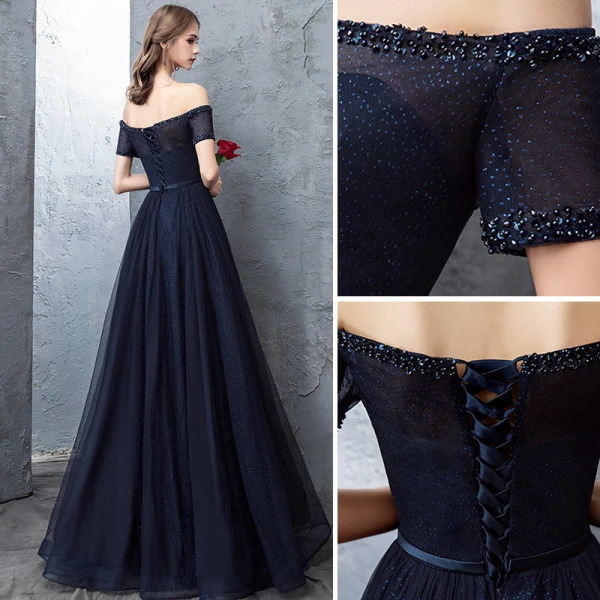 Schöne Marineblau Abendkleider 2018 A Linie Perlenstickerei Pailletten Schleife Off Shoulder Rückenfreies Kurze Ärmel Lange Festliche Kleider