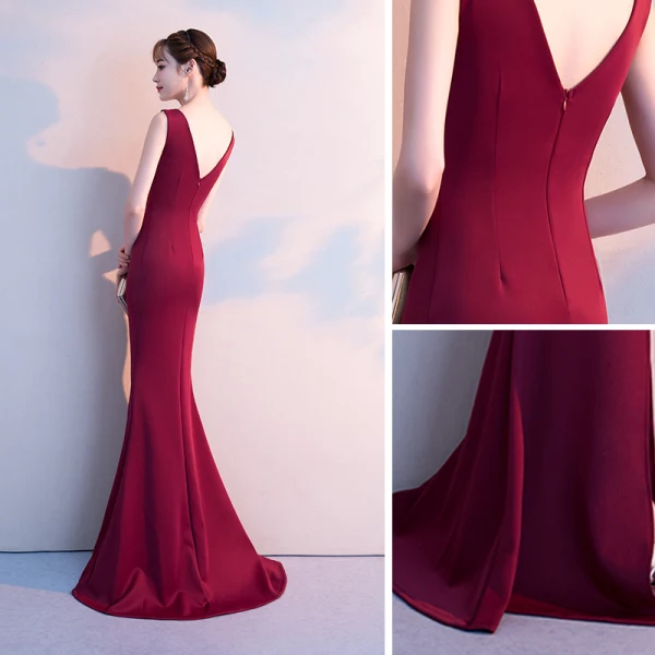 Chic / Beautiful Burgundy Evening Dresses 2018 Trumpet / Mermaid Split Front V-Neck Backless Sleeveless Floor-Length / Long Formal Dresses