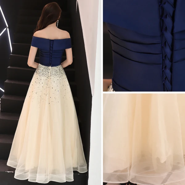 Elegant Champagne Prom Dresses 2018 A-Line / Princess Sequins Off-The-Shoulder Backless Short Sleeve Floor-Length / Long Formal Dresses