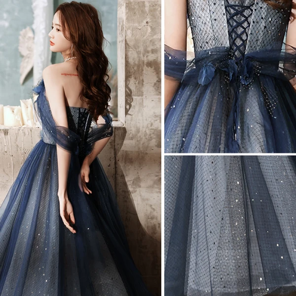 Charmant Océan Bleu Robe De Bal 2021 Princesse De l'épaule Perlage Appliques Paillettes Sans Manches Dos Nu Longue Robe De Ceremonie