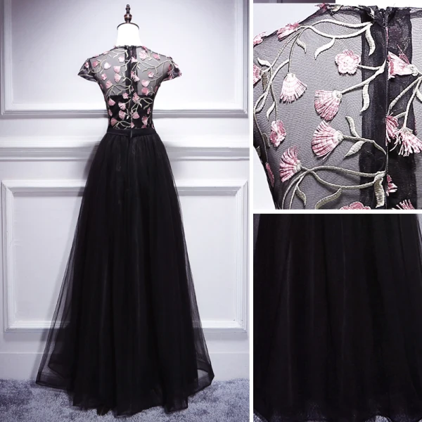 Chic / Beautiful Black Evening Dresses 2018 A-Line / Princess Lace Flower Scoop Neck Cap Sleeves Floor-Length / Long Formal Dresses