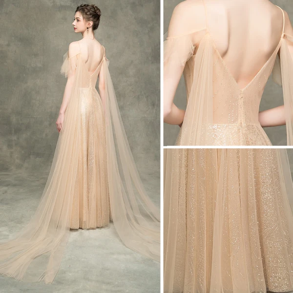 Luxe Champagne Robe De Bal 2018 Princesse Glitter Paillettes Bretelles Spaghetti Dos Nu Manches Courtes Watteau Train Robe De Ceremonie