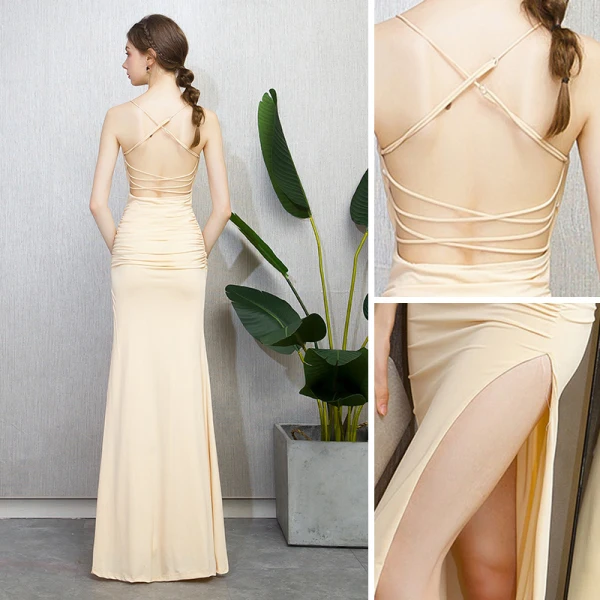 Sexy Champagne Robe De Soirée 2018 Trompette / Sirène Fendue devant Bretelles Spaghetti Fond croisé plongeant Dos Nu Sans Manches Longue Robe De Ceremonie