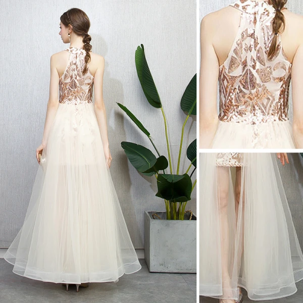 Modern / Fashion Champagne Evening Dresses 2018 A-Line / Princess Sequins Scoop Neck Strapless Sleeveless Ankle Length Formal Dresses