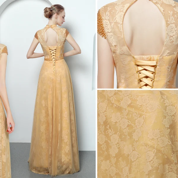 Chinese style Gold Evening Dresses  2018 A-Line / Princess Lace Beading Pearl Sash High Neck Backless Cap Sleeves Floor-Length / Long Formal Dresses