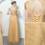Chinese style Gold Evening Dresses  2018 A-Line / Princess Lace Beading Pearl Sash High Neck Backless Cap Sleeves Floor-Length / Long Formal Dresses