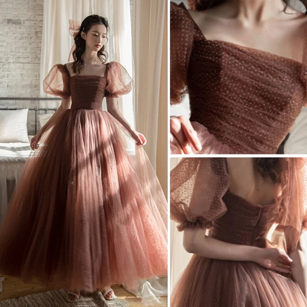 Vintage / Retro Brown Spotted Prom Dresses 2021 A-Line / Princess Square Neckline Bell sleeves Backless Floor-Length / Long Formal Dresses