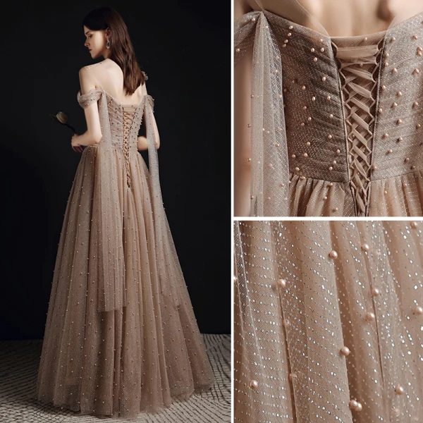 Fashion Champagne Pearl Prom Dresses 2021 A-Line / Princess One-Shoulder Short Sleeve Backless Floor-Length / Long Formal Dresses