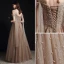 Fashion Champagne Pearl Prom Dresses 2021 A-Line / Princess One-Shoulder Short Sleeve Backless Floor-Length / Long Formal Dresses