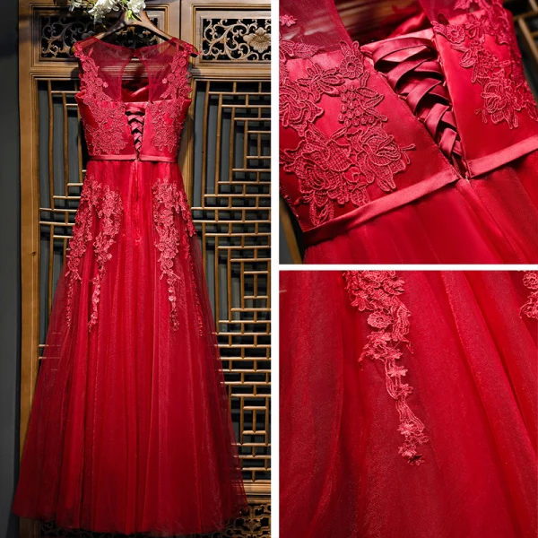 Chic / Beautiful Red Formal Dresses Evening Dresses 2017 Lace Flower Scoop Neck Sleeveless Ankle Length A-Line / Princess