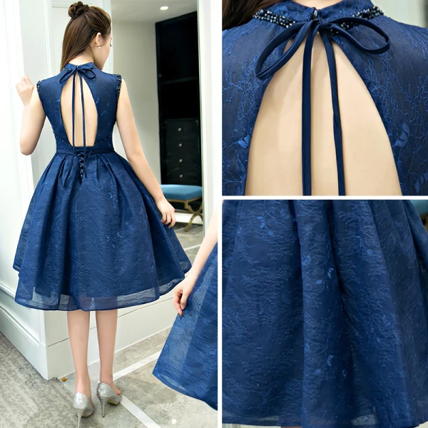Vintage / Retro Navy Blue Evening Dresses 2018 Ball Gown Bow Beading Lace Crystal High Neck Backless Sleeveless Knee-Length Formal Dresses