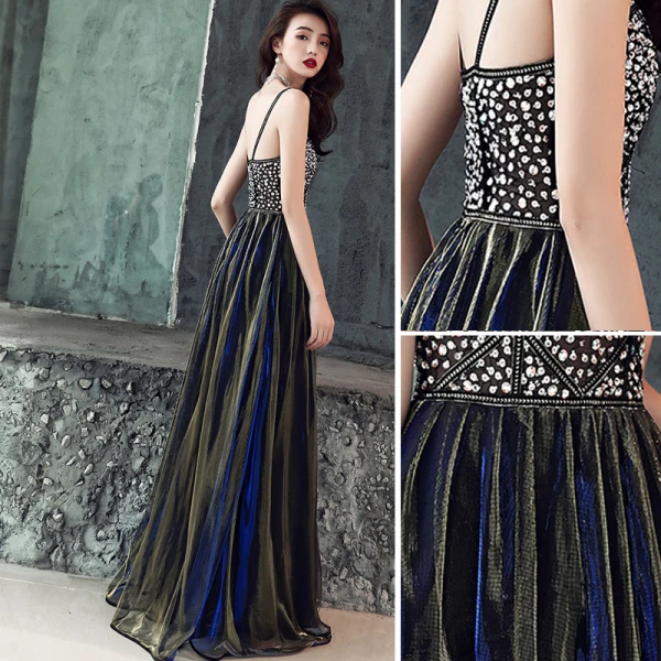 Modern / Fashion Black Evening Dresses 2018 A-Line / Princess Beading Sequins Spaghetti Straps Backless Sleeveless Floor-Length / Long Formal Dresses