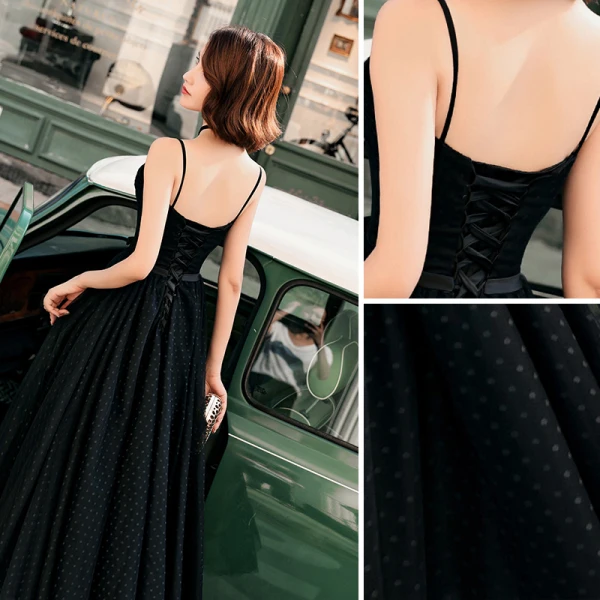 Chic / Belle Noire Robe De Bal 2018 Princesse Tachetée Noeud Bretelles Spaghetti Dos Nu Sans Manches Longueur Cheville Robe De Ceremonie