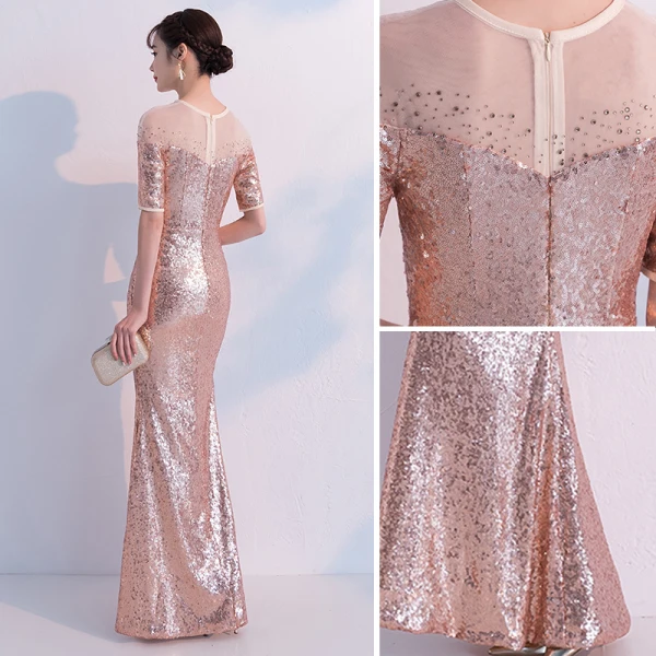 Sparkly Champagne Evening Dresses 2018 Trumpet / Mermaid Sequins Rhinestone Scoop Neck 1/2 Sleeves Floor-Length / Long Formal Dresses