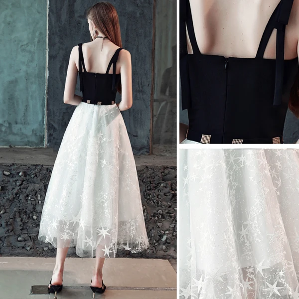 Elegant Black Prom Dresses 2018 A-Line / Princess Rhinestone Star Spaghetti Straps Sleeveless Backless Tea-length Formal Dresses