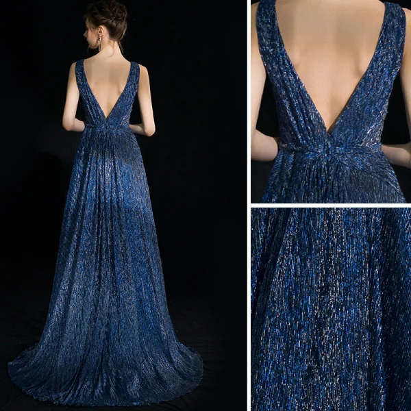 Eleganta Mörk Marinblå Aftonklänningar 2018 Prinsessa Glittriga / Glitter V-Hals Halterneck Ärmlös Svep Tåg Formella Klänningar