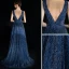 Eleganta Mörk Marinblå Aftonklänningar 2018 Prinsessa Glittriga / Glitter V-Hals Halterneck Ärmlös Svep Tåg Formella Klänningar