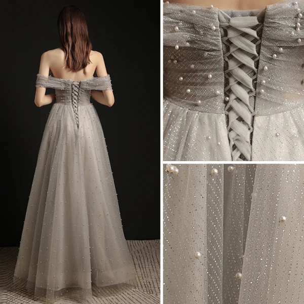 Charming Grey Pearl Prom Dresses 2021 A-Line / Princess Off-The-Shoulder Sleeveless Backless Floor-Length / Long Formal Dresses