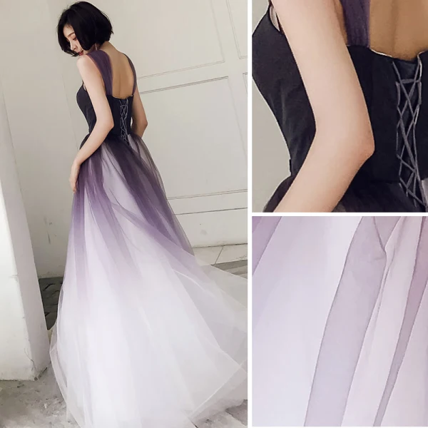 Chic / Belle Grape Dégradé De Couleur Robe De Bal 2018 Princesse Encolure Carrée Sans Manches Dos Nu Longue Robe De Ceremonie