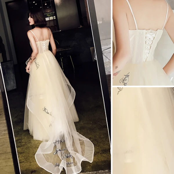 Lovely Champagne Prom Dresses 2018 A-Line / Princess Cascading Ruffles Spaghetti Straps Sleeveless Backless Floor-Length / Long Formal Dresses