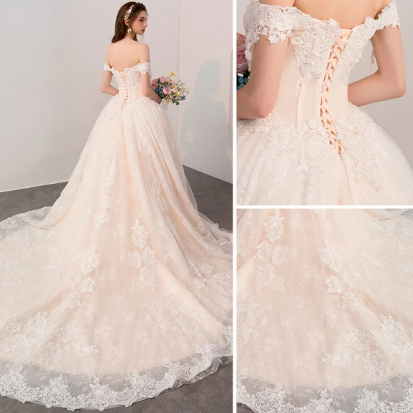 Luxury / Gorgeous Champagne Wedding Dresses 2018 A-Line / Princess Appliques Lace Beading Pearl Off-The-Shoulder Backless Short Sleeve Cathedral Train Wedding