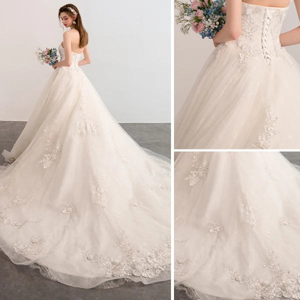 Chic / Beautiful Ivory Wedding Dresses 2018 A-Line / Princess Lace Flower Appliques Beading Crystal Strapless Backless Sleeveless Cathedral Train Wedding