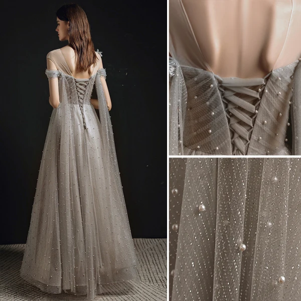 Chic / Beautiful Grey Pearl Prom Dresses 2021 A-Line / Princess Scoop Neck Short Sleeve Backless Floor-Length / Long Formal Dresses