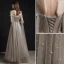 Chic / Beautiful Grey Pearl Prom Dresses 2021 A-Line / Princess Scoop Neck Short Sleeve Backless Floor-Length / Long Formal Dresses