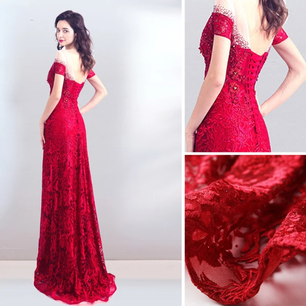 Luxury / Gorgeous Burgundy Evening Dresses 2018 Trumpet / Mermaid Beading Crystal Rhinestone Pearl Lace Flower Scoop Neck Backless Short Sleeve Floor-Length / Long Formal Dresses