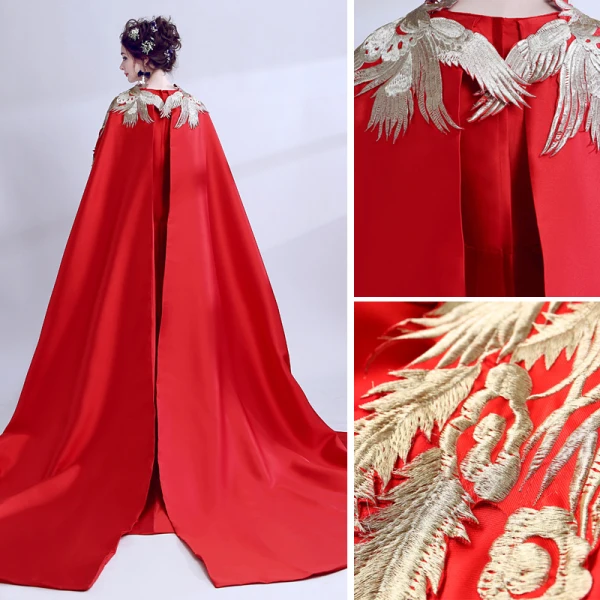 Unusual Red With Shawl Evening Dresses 2018 A-Line / Princess Embroidered V-Neck Sleeveless Court Train Formal Dresses