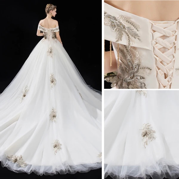 Élégant Champagne Robe De Mariée 2018 Princesse En Dentelle Fleur Perlage Gland Faux Diamant De l'épaule Dos Nu Manches Courtes Cathedral Train Mariage