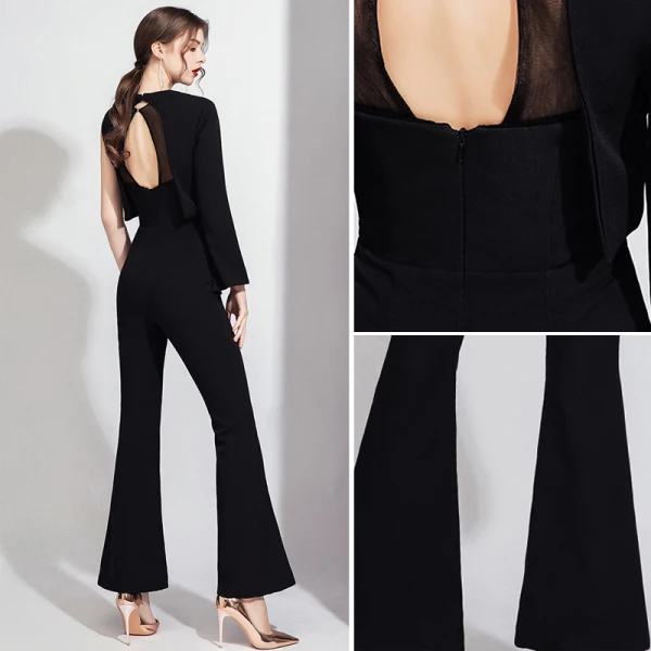 Fashion Black Jumpsuit Evening Dresses  2021 Scoop Neck Backless Formal Dresses