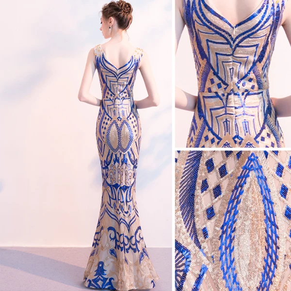 Charmant Bleu Roi Champagne Robe De Soirée 2018 Trompette / Sirène Paillettes V-Cou Dos Nu Sans Manches Longue Robe De Ceremonie