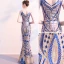 Charmant Bleu Roi Champagne Robe De Soirée 2018 Trompette / Sirène Paillettes V-Cou Dos Nu Sans Manches Longue Robe De Ceremonie