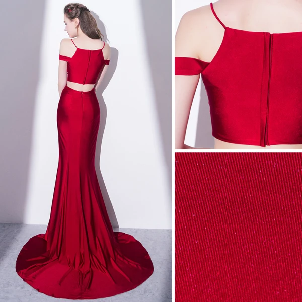 Sexy Bordeaux 2 Pièces Robe De Soirée 2018 Trompette / Sirène Fendue devant Bretelles Spaghetti Dos Nu Manches Courtes Train De Balayage Robe De Ceremonie