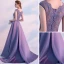 Chic / Beautiful Lavender Evening Dresses  2018 A-Line / Princess Beading Lace Flower V-Neck Sleeveless Sweep Train Formal Dresses