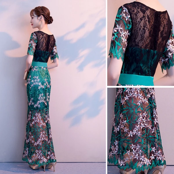 Amazing / Unique Dark Green Evening Dresses 2018 Trumpet / Mermaid Lace Flower V-Neck Short Sleeve Ankle Length Formal Dresses