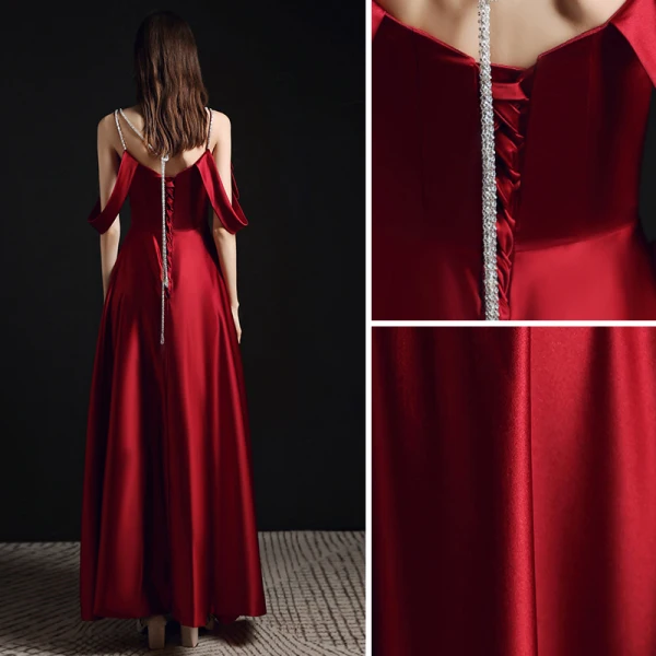 Fashion Burgundy Evening Dresses  2021 A-Line / Princess Spaghetti Straps Sleeveless Backless Floor-Length / Long Formal Dresses