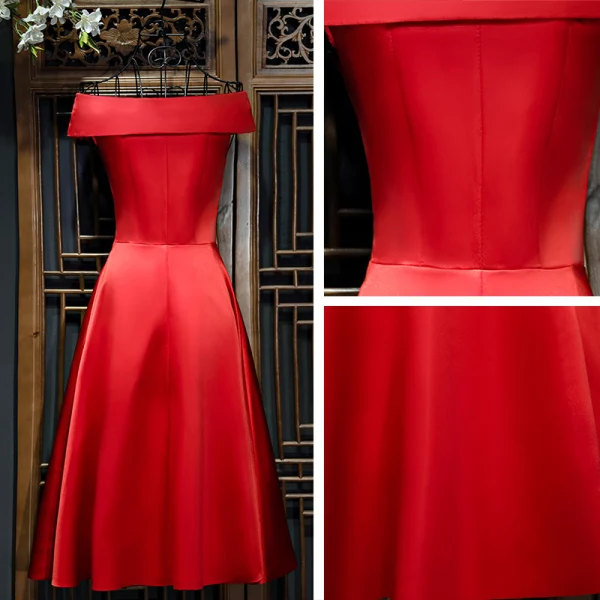 Chic / Beautiful Red Evening Dresses  Red 2017 Off-The-Shoulder Sleeveless Short A-Line / Princess Graduation Dresses
