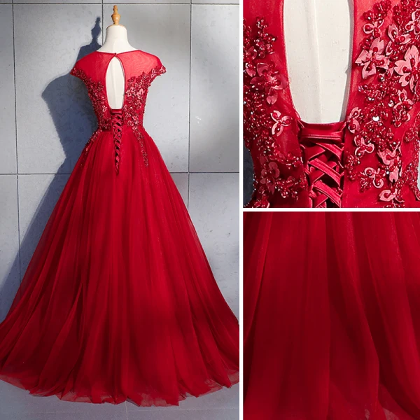 Chic / Beautiful Burgundy Evening Dresses 2018 A-Line / Princess Appliques Lace Flower Beading Crystal Sequins Scoop Neck Backless Cap Sleeves Floor-Length / Long Formal Dresses