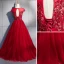 Chic / Beautiful Burgundy Evening Dresses  2018 A-Line / Princess Appliques Lace Flower Beading Crystal Sequins Scoop Neck Backless Cap Sleeves Floor-Length / Long Formal Dresses