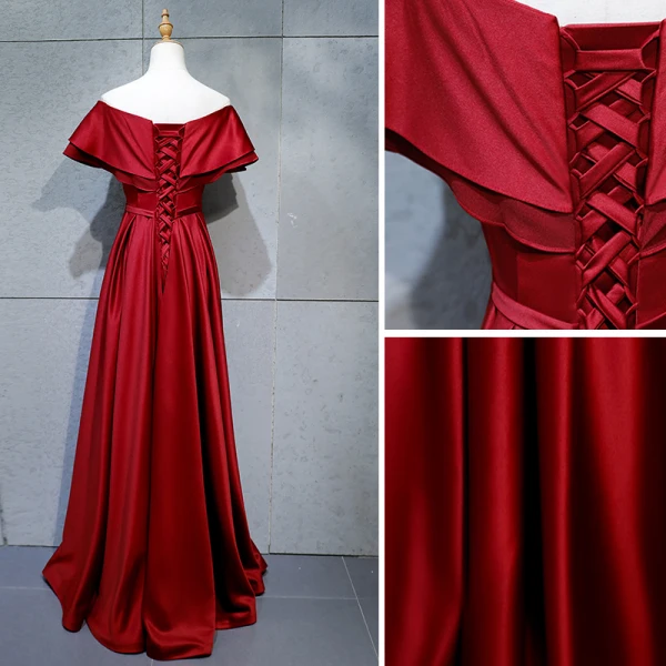Modest / Simple Burgundy Evening Dresses 2018 A-Line / Princess Buttons Bow Off-The-Shoulder Backless Short Sleeve Floor-Length / Long Formal Dresses