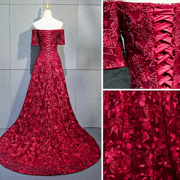 Charming Burgundy Evening Dresses 2018 A-Line / Princess Beading Crystal Lace Flower Rhinestone Off-The-Shoulder Backless Short Sleeve Court Train Formal Dresses
