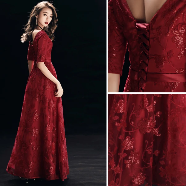 Chic / Beautiful Burgundy Evening Dresses  2018 A-Line / Princess Lace Sequins Sash V-Neck Backless 1/2 Sleeves Floor-Length / Long Formal Dresses