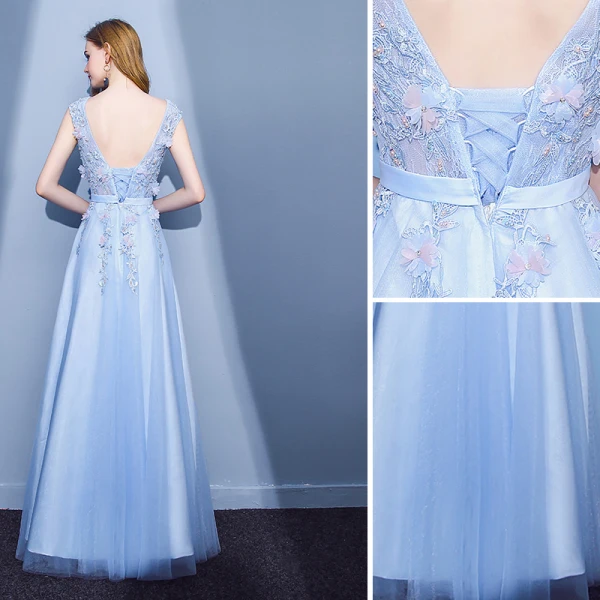 Elegant Sky Blue Evening Dresses  2018 A-Line / Princess Lace Flower Appliques Beading Pearl Scoop Neck Backless Sleeveless Floor-Length / Long Formal Dresses