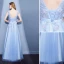 Elegant Sky Blue Evening Dresses  2018 A-Line / Princess Lace Flower Appliques Beading Pearl Scoop Neck Backless Sleeveless Floor-Length / Long Formal Dresses