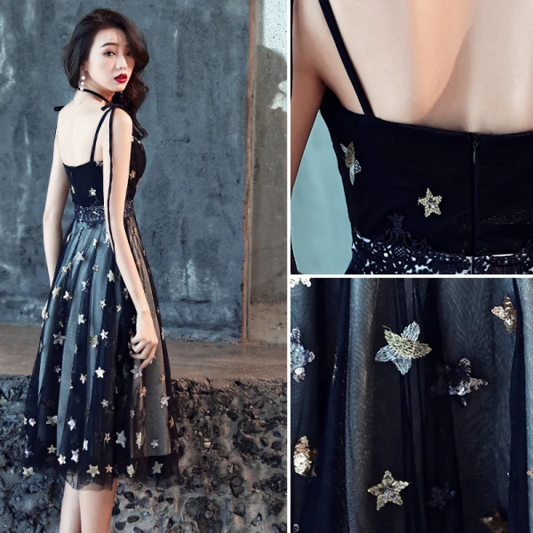Modern / Fashion Black Party Dresses 2018 A-Line / Princess Star Sequins Lace Flower Spaghetti Straps Sleeveless Backless Knee-Length Formal Dresses