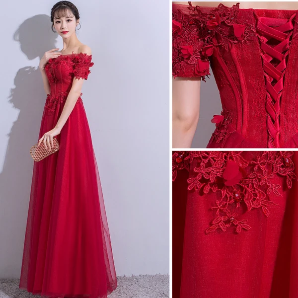 Élégant Bordeaux Robe De Soirée 2018 Princesse En Dentelle Fleur Appliques Cristal Dos Nu De l'épaule Manches Courtes Longue Robe De Ceremonie